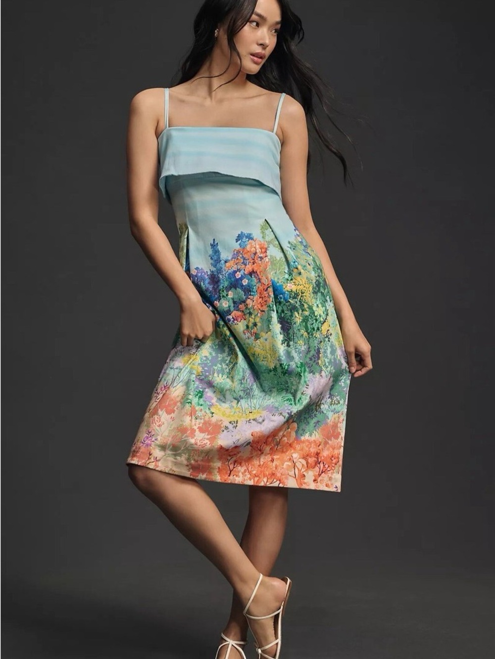 Anthropologie Pastel Blue Floral Watercolor Midi Dress - NWT XL